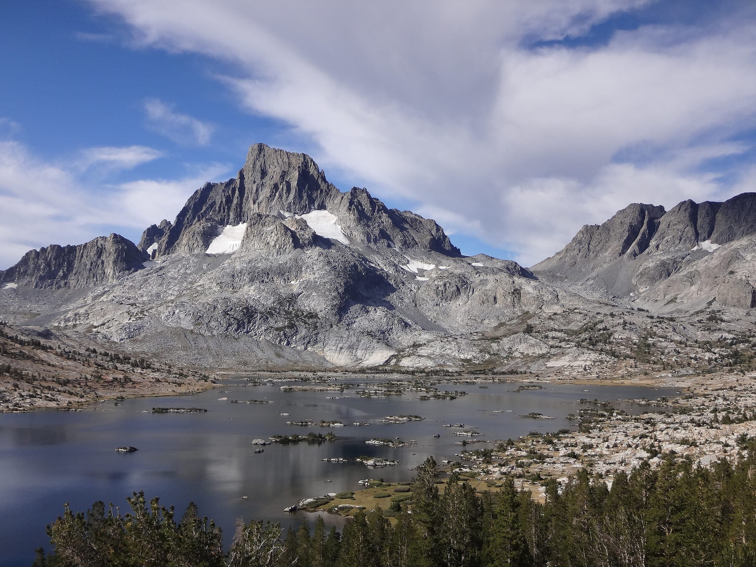 Thousand Island Lake with Banner Peak reflected in the still water